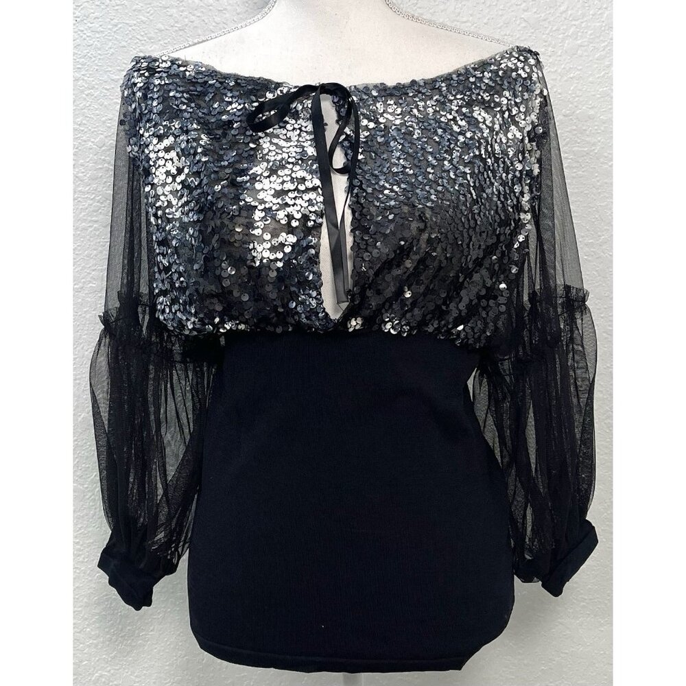 RADZOLI Womens LARGE Black Mesh & Silver Sequin Keyhole TOP Evening Cocktail NEW